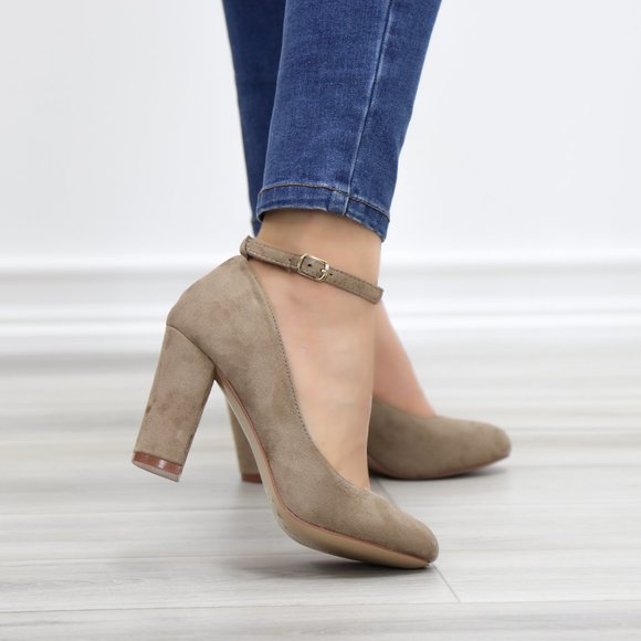 Taupe Ankle Strap Vintage Style Block Heels - Picture 4 of 14